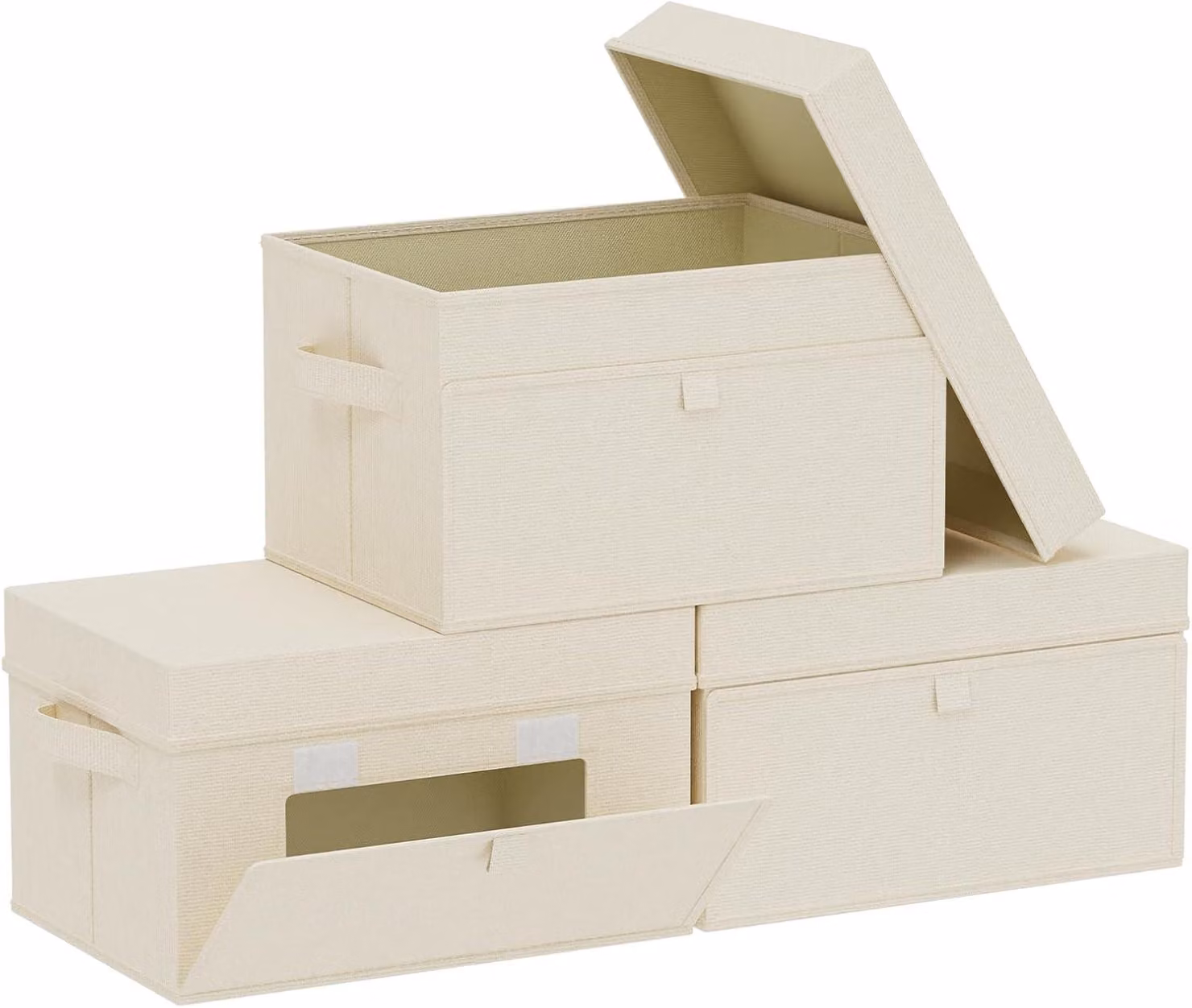 Contenitore con coperchio, 33x23x20 cm, confezione da 3 pezzi, color beige, in lino, ideale per la camera da letto