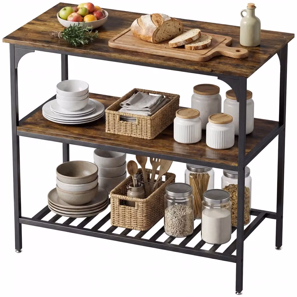 Scaffale da cucina Xylo in stile industriale con 3 ripiani, struttura in metallo e legno, marrone e nero, L: 90 cm, P: 50 cm, H: 50 cm – 2