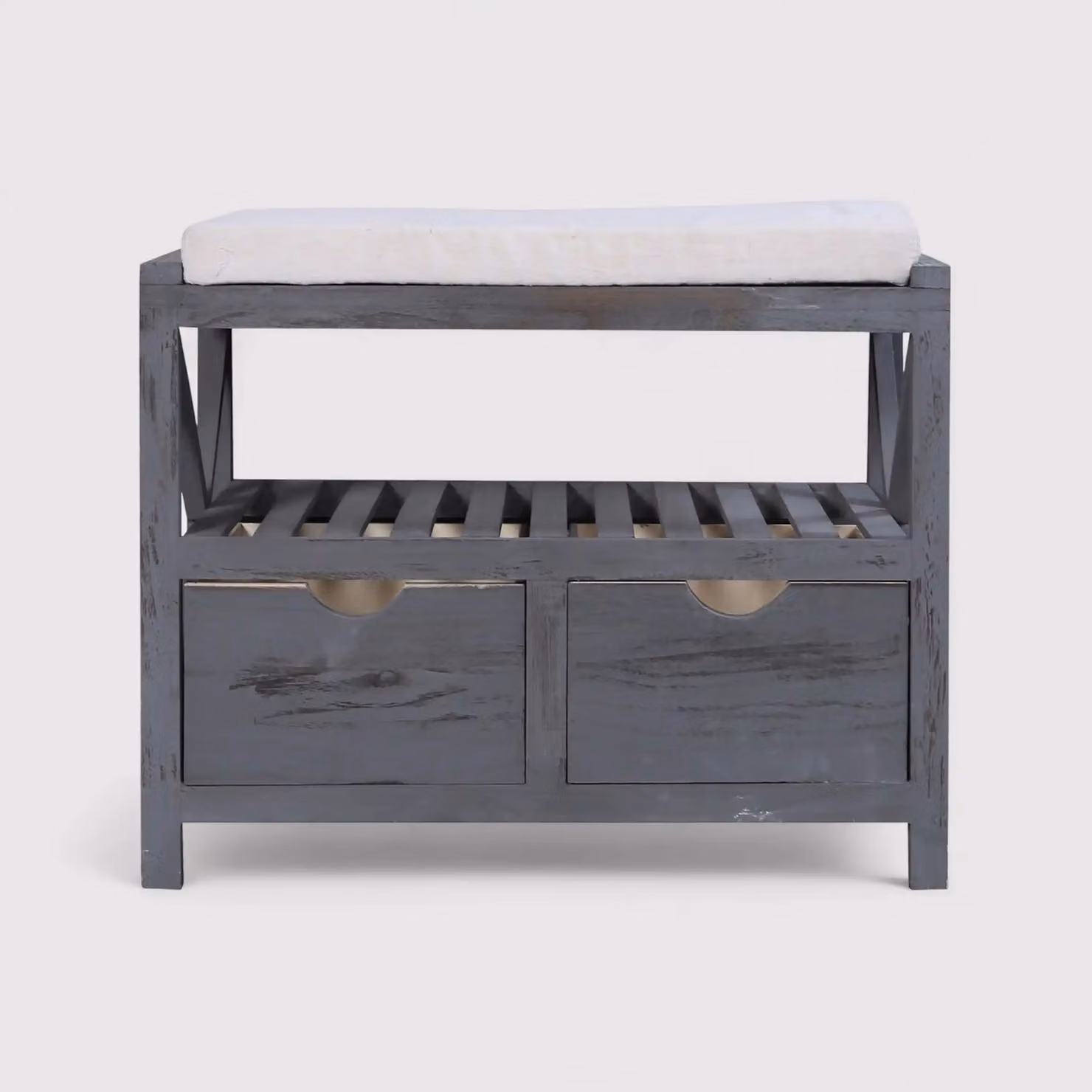 Lapacho - Panca da interno grigio scura in stile vintage con 2 cassetti