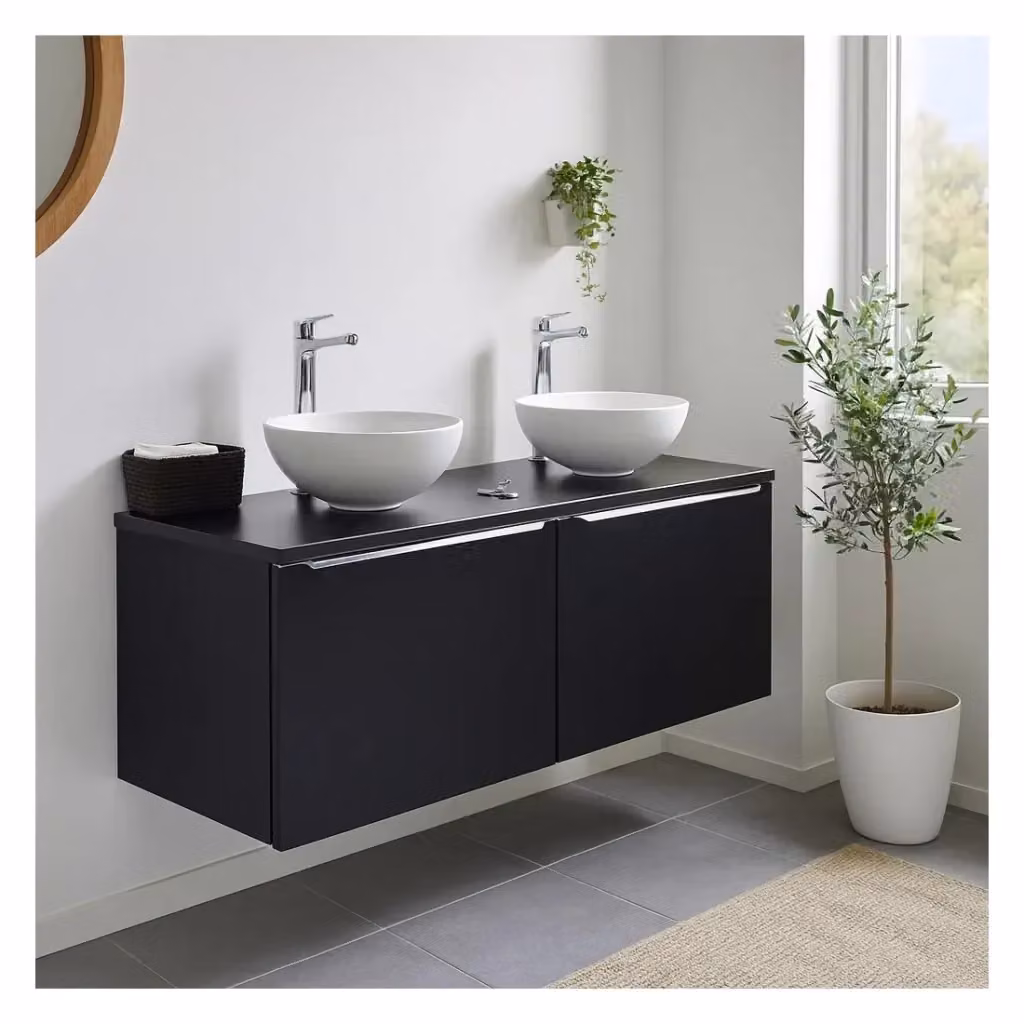 Set da bagno Meublorama VANTA: mobile sottolavabo nero con piano e 2 lavabi bianchi da appoggio, L: 120 cm, P: 46 cm, H: 63 cm – 2