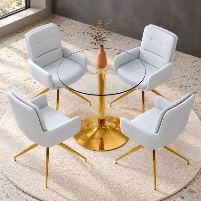 Set da pranzo MIVRAY composto da tavolo rotondo in vetro temperato trasparente e 4 sedie girevoli in PU grigio chiaro con struttura in metallo oro