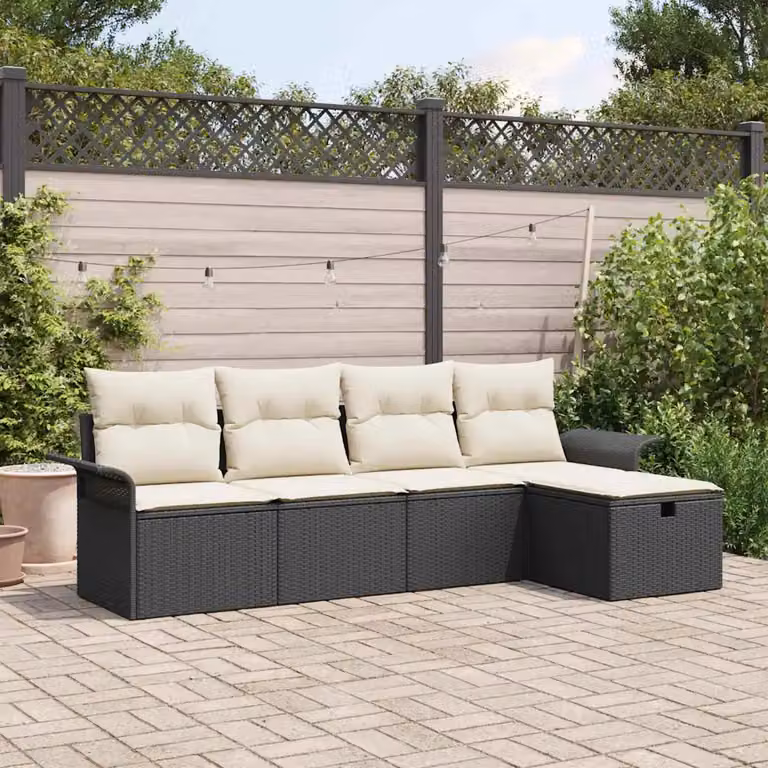 Set Divano da Giardino vidaXL 5 Pezzi a Forma di L con Tavolino e Pouf, Colore Nero e Beige, Struttura in Metallo e Polyrattan con Cuscini Inclusi