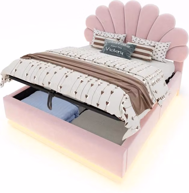 Letto matrimoniale 140x200 cm con contenitore idraulico e LED in velluto