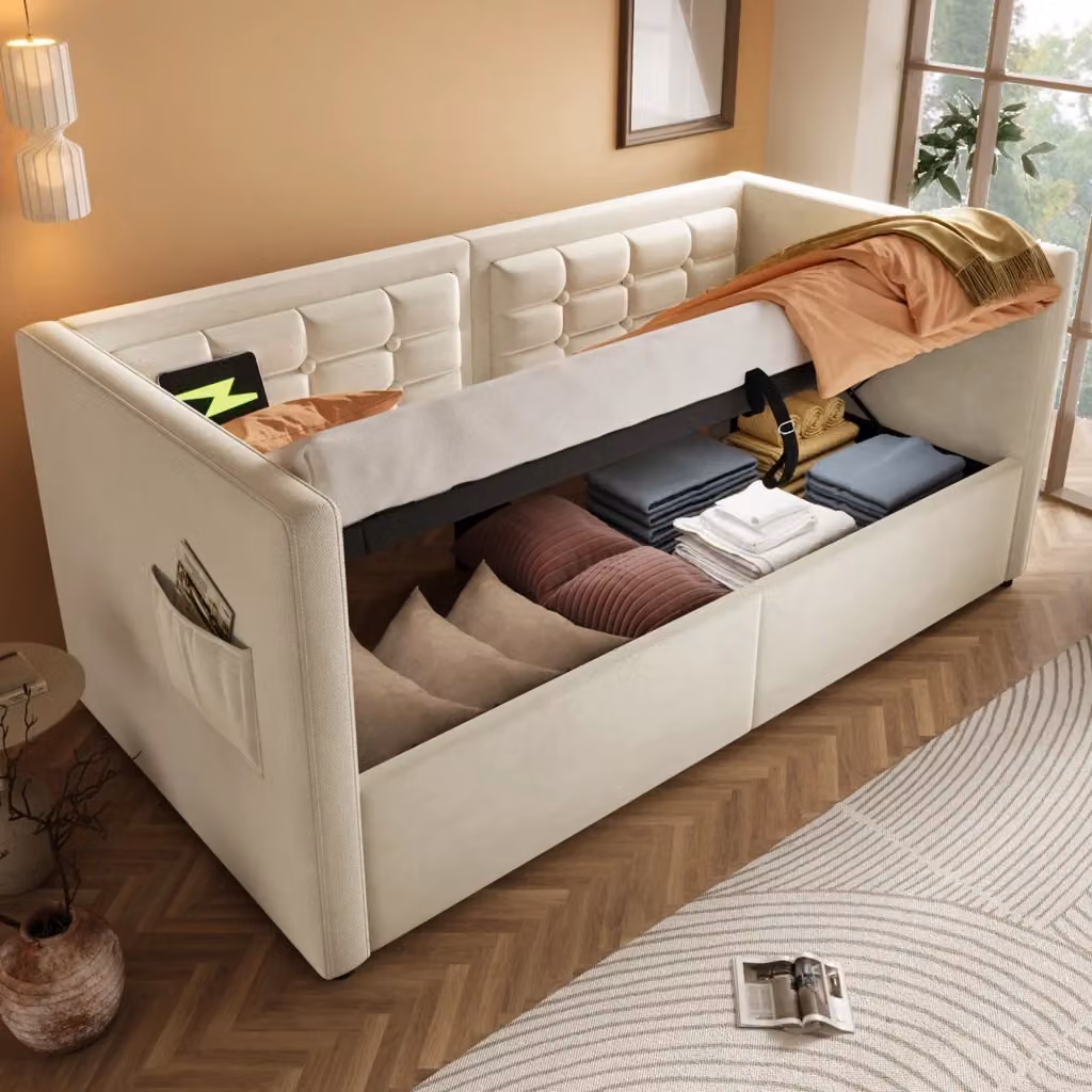 Divano letto REDOM in velluto beige con vano contenitore e porte di ricarica USB e Type-C, L/P/H: 216 x 90 x 75 cm – 2