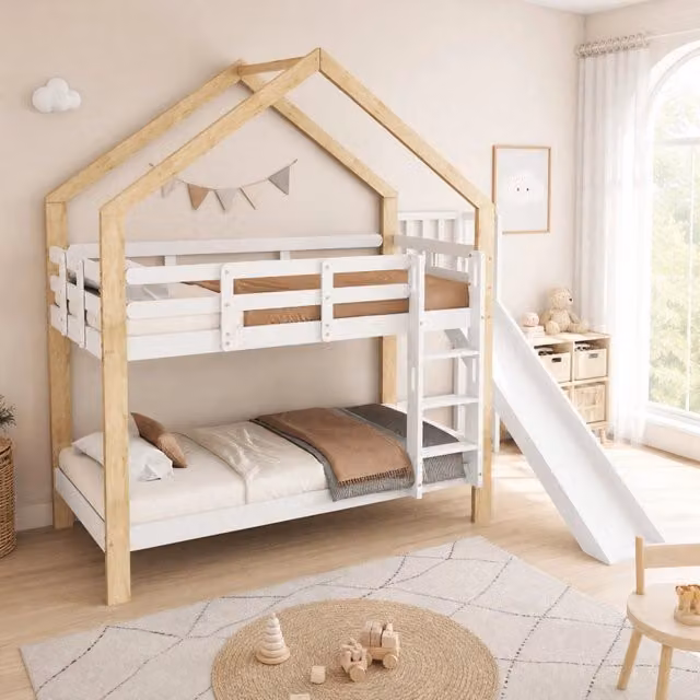 Letto a castello a forma di casa ULEVR 90x200 cm con scivolo, scala angolare a 3 gradini e protezione anticaduta