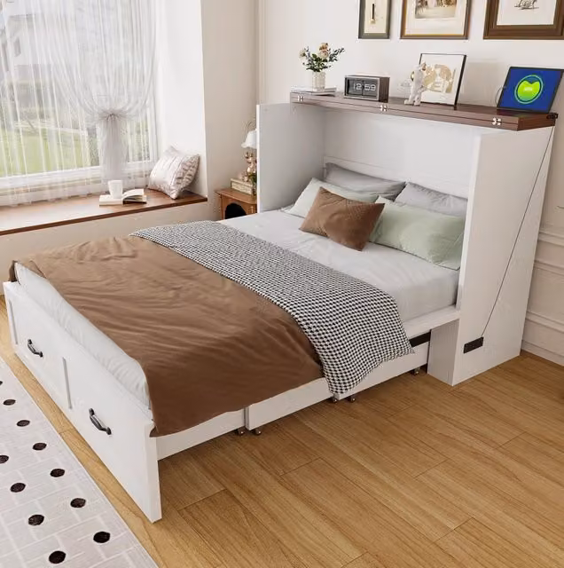 Letto a scomparsa 140x200 cm con presa EU; struttura in metallo e legno; bianco