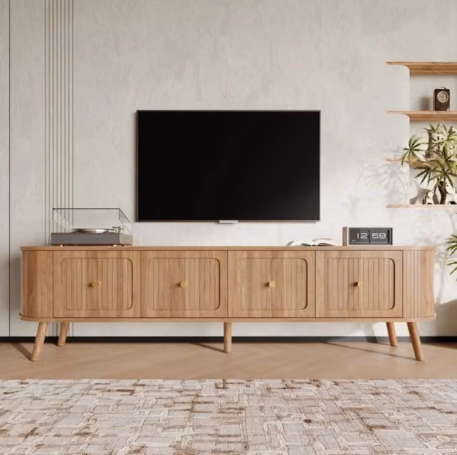 Mobile TV 180x38x47 cm in MDF e truciolato, rovere, 4 ante, per soggiorno piccolo –