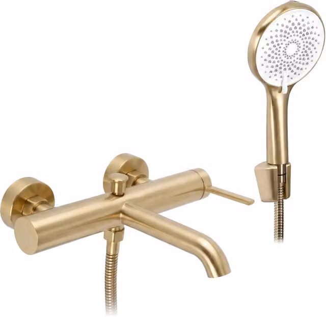 Rubinetto da vasca monocomando Rea Rivo in ottone color oro spazzolato con funzione spray