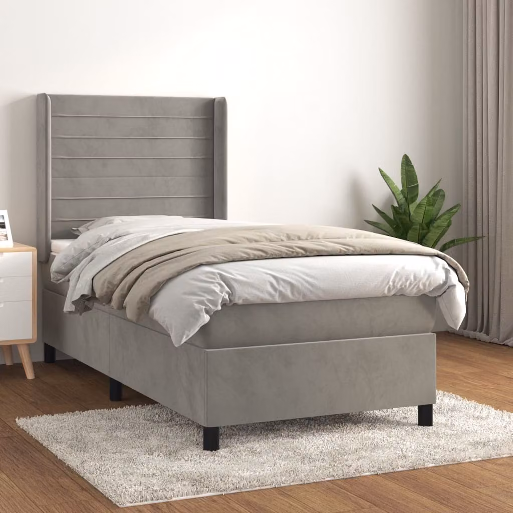 The Living Store Letto a molle con materasso grigio chiaro 90x200 cm in velluto