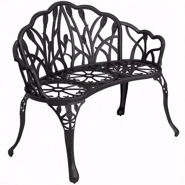 Panca da giardino Outsunny a 2 posti in alluminio pressofuso nero con motivo floreale e schienale a tulipani, resistente alle intemperie, L: 99 cm, P: 57 cm, H: 78 cm
