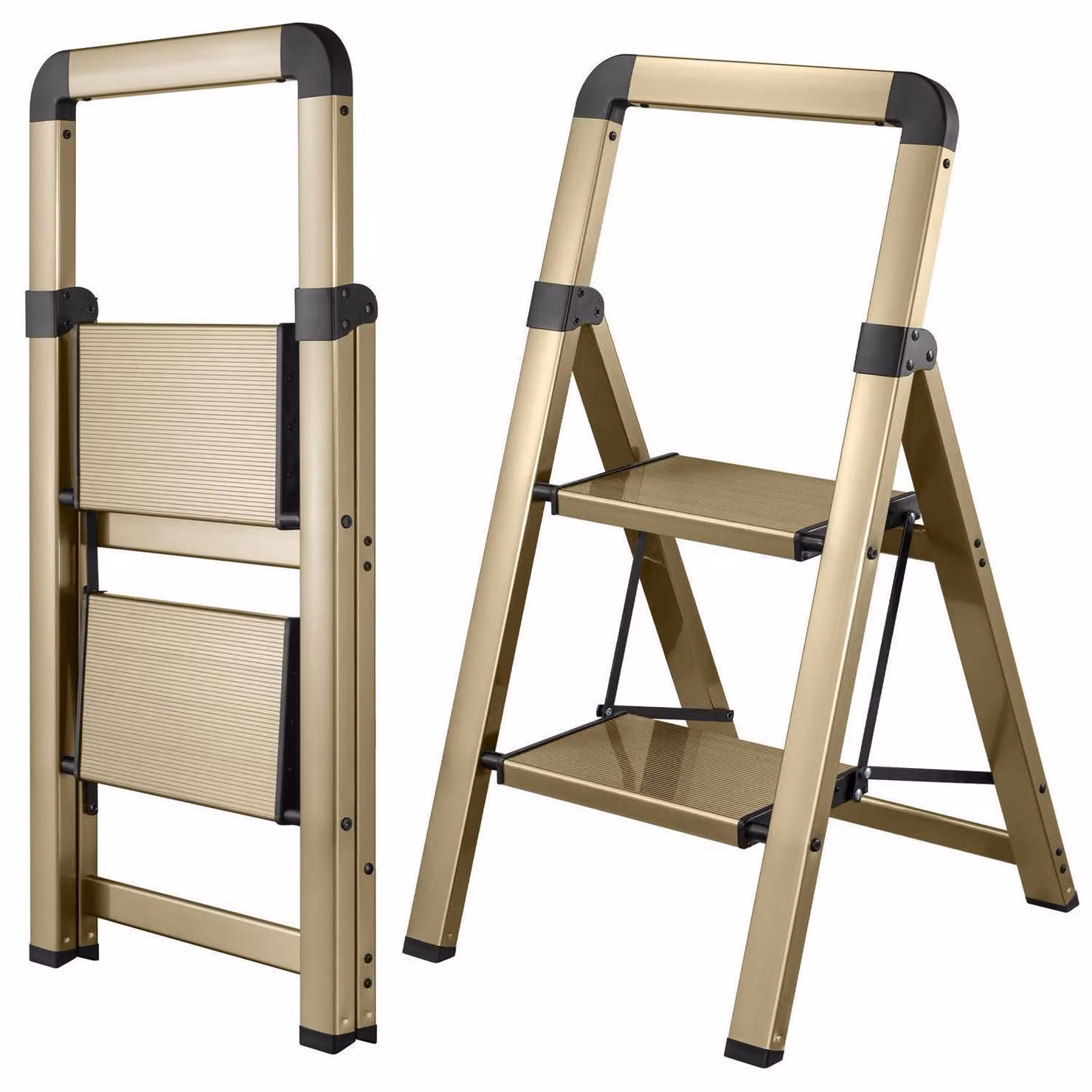 Scaletta pieghevole a 2 gradini, in alluminio, color champagne/oro, antiscivolo, portata massima 150 kg