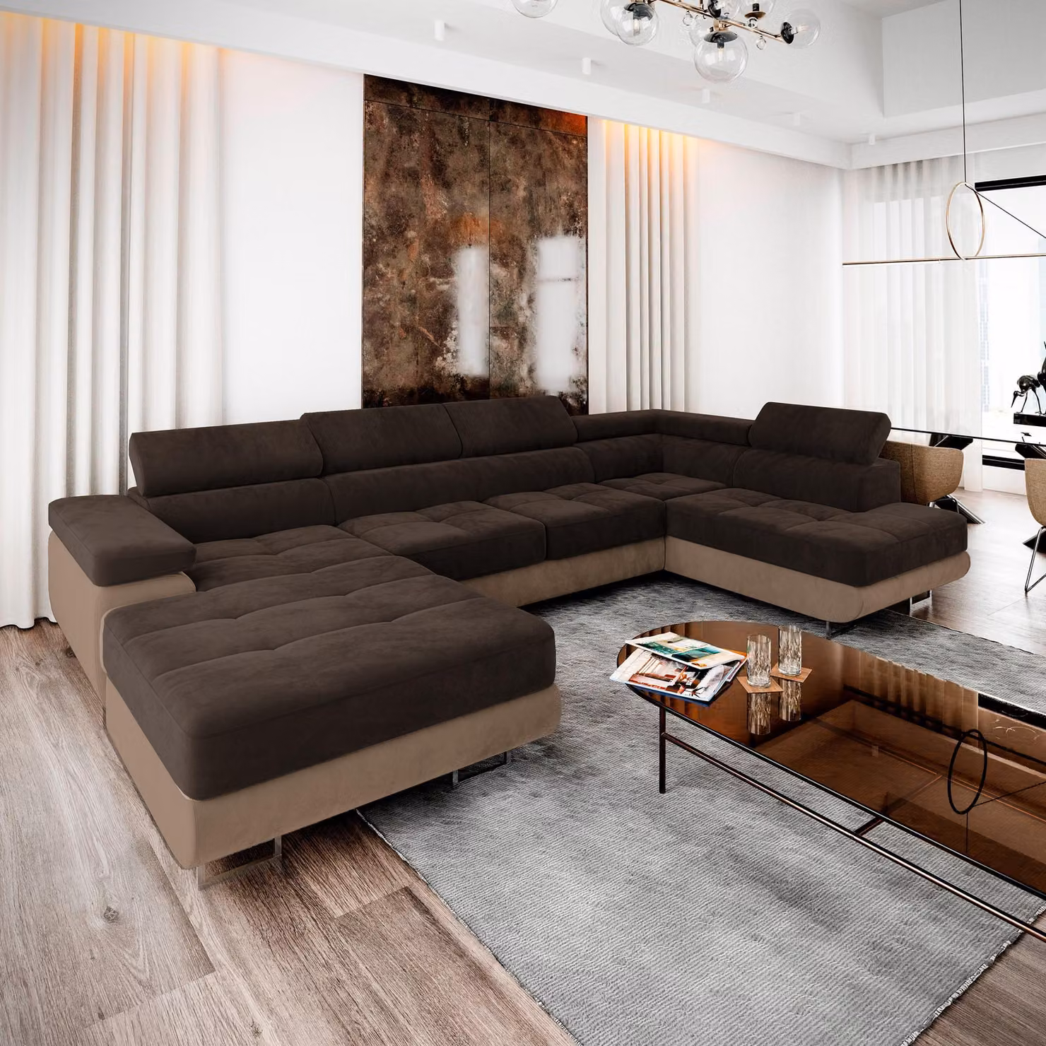 Divano angolare Masseno CASONE R-S con funzione letto a U, divano con box letto, divano da salotto, divano, divano letto, set di divani - marrone, MONOLITH 29 + MONOLITH 09