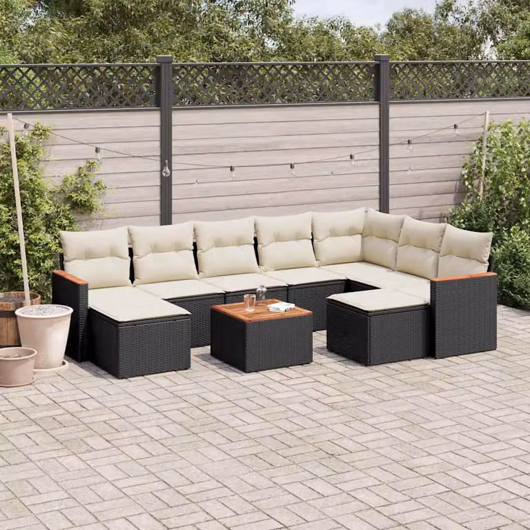 vidaXL Set Divani da Giardino a Forma di U in Polyrattan Nero con Cuscini e Tavolino da Caffè