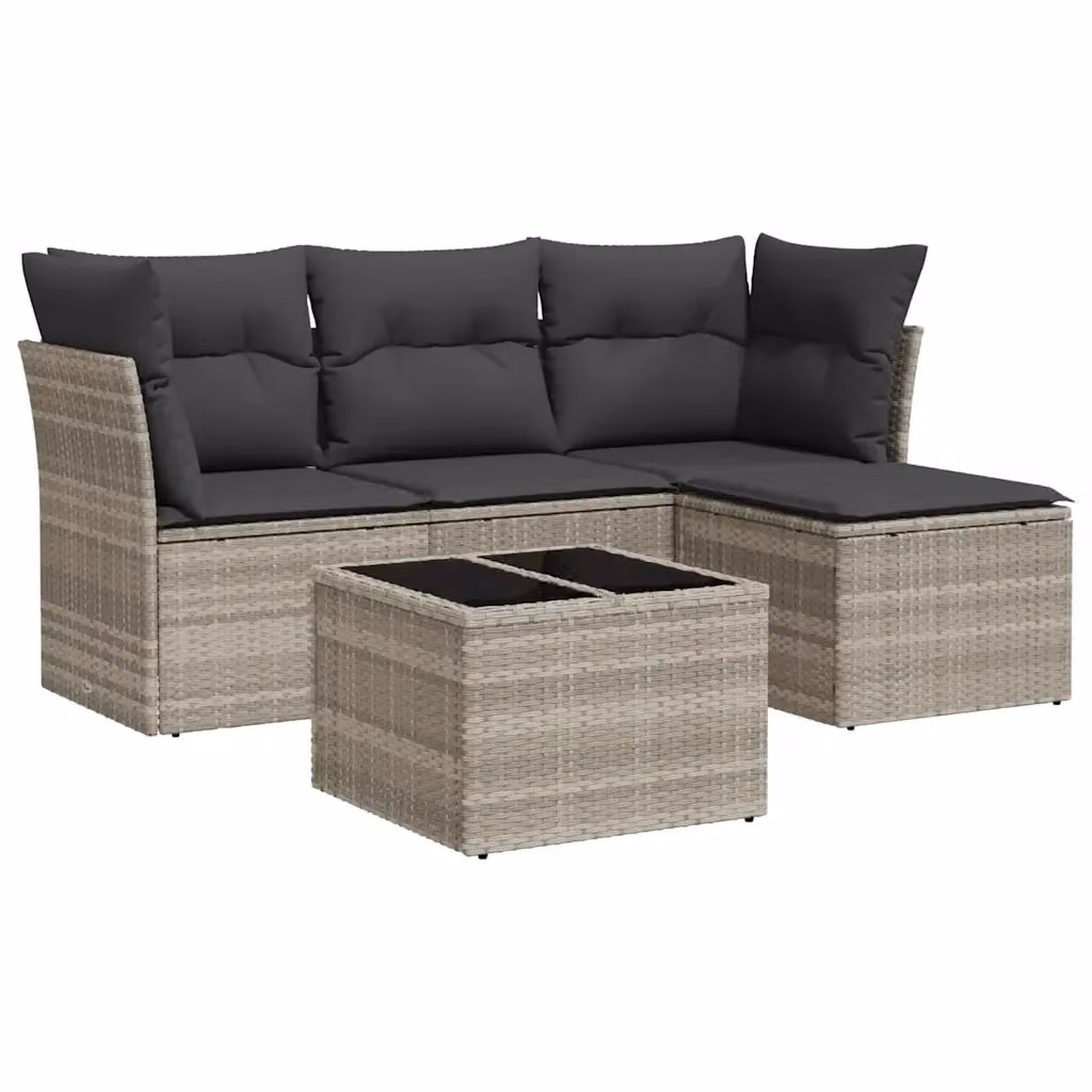 vidaXL Set Divano da Giardino 5pz in Polyrattan Grigio con Cuscini e Tavolino da Caffè – 2