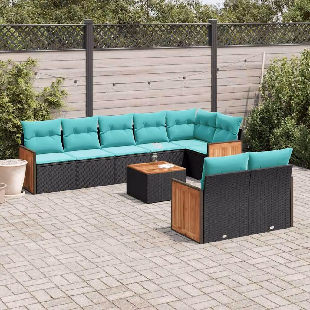 Set di divani da giardino vidaXL 9 pezzi in polyrattan nero con cuscini e struttura in legno di acacia oliato
