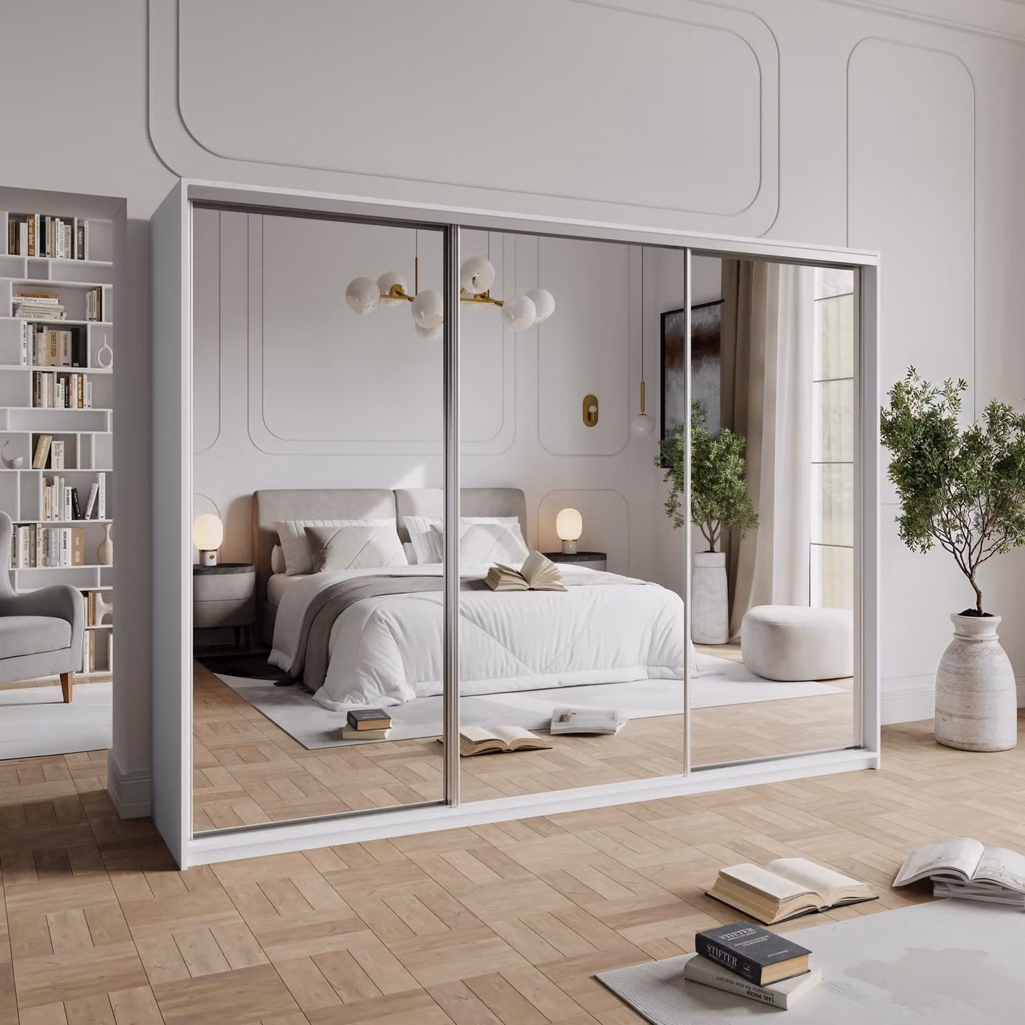 Armadio scorrevole Masseno RIEN 250/205/60 cm Armadio con 4 cassetti Armadio per camera da letto a 3 ante con specchio Bianco