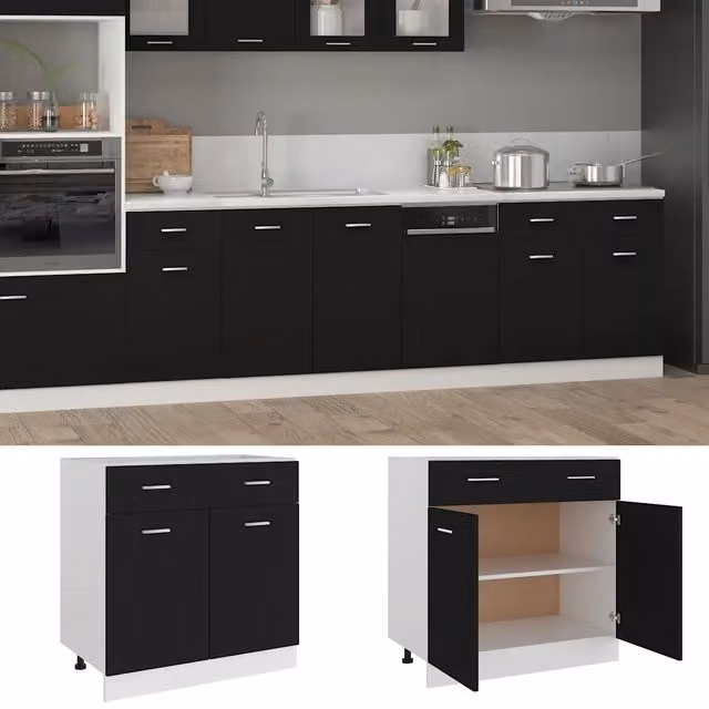 Mobile inferiore da cucina Lyon con cassetti e ante, nero opaco, L 80 cm x P 46 cm x H 81,5 cm