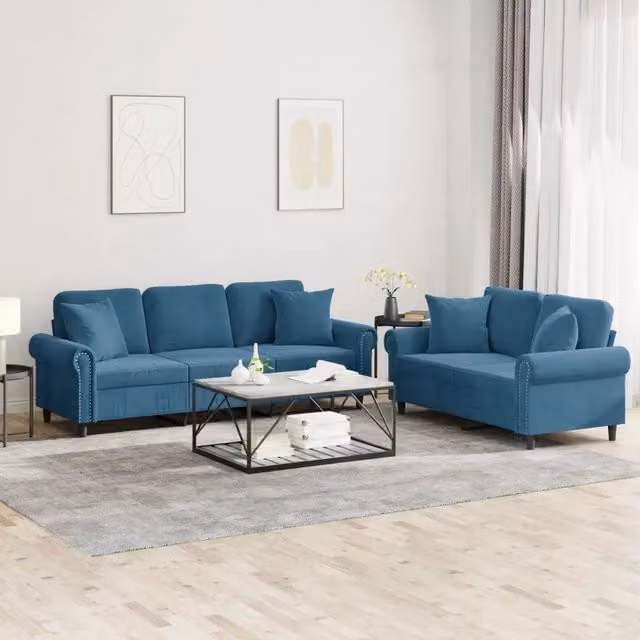 Set di 2 divani moderni vidaXL in velluto blu con cuscini per soggiorno