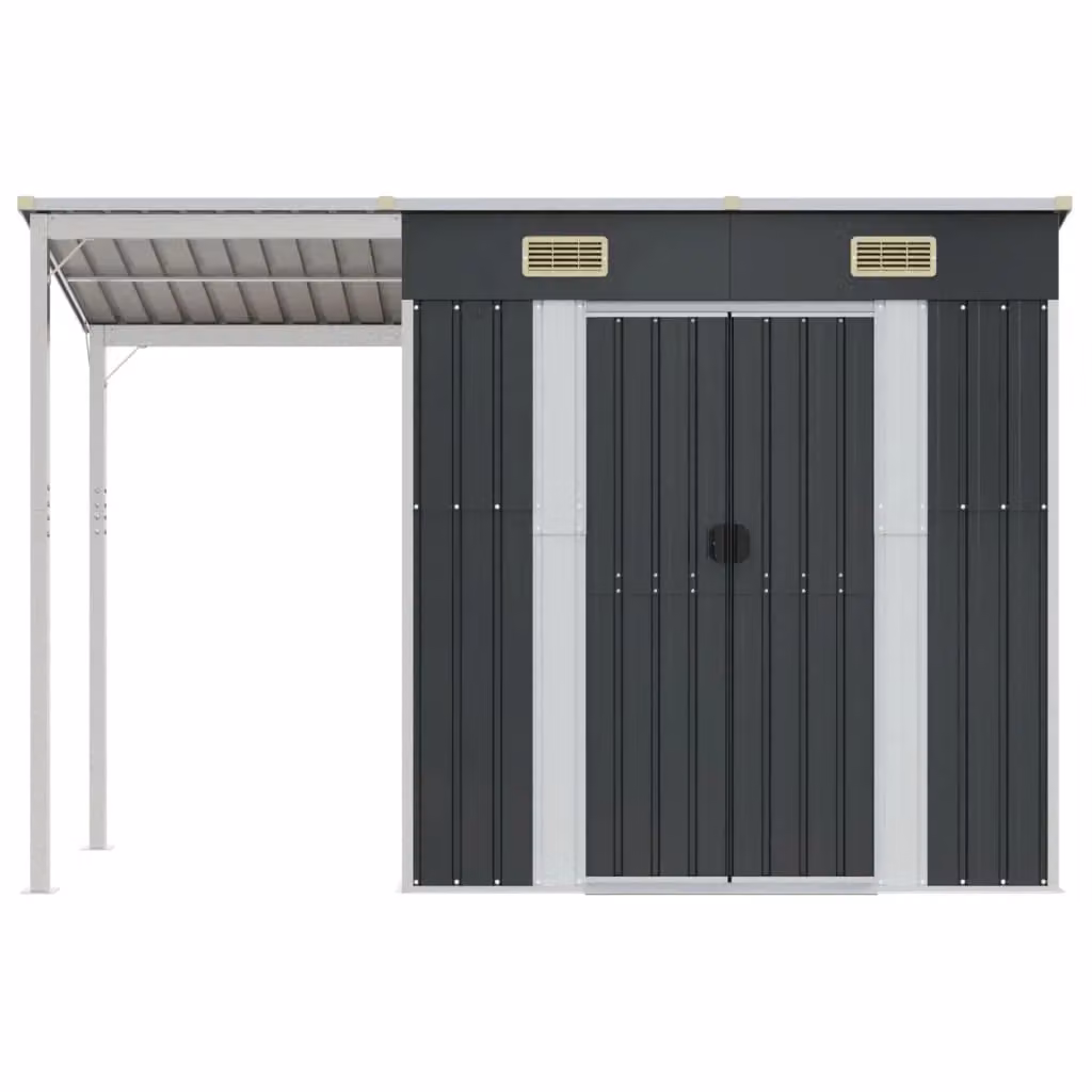 Casetta da giardino e ripostiglio esterno robusta con tetto estensibile in acciaio galvanizzato e plastica, colore antracite, L: 277 cm, P: 110,5 cm, H: 181 cm – 2