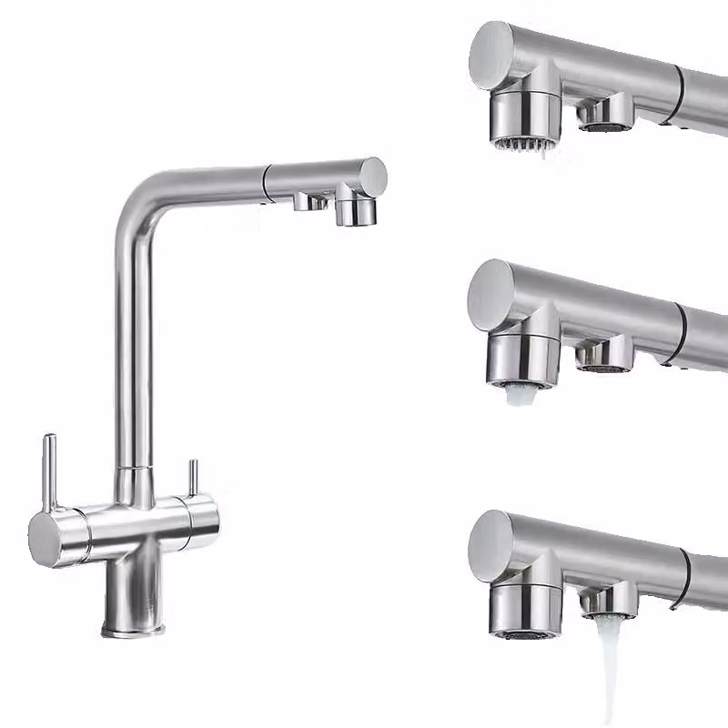 Filtro per l'acqua da installare sul rubinetto della cucina, con ugello estraibile, due manopole e finitura in nichel spazzolato