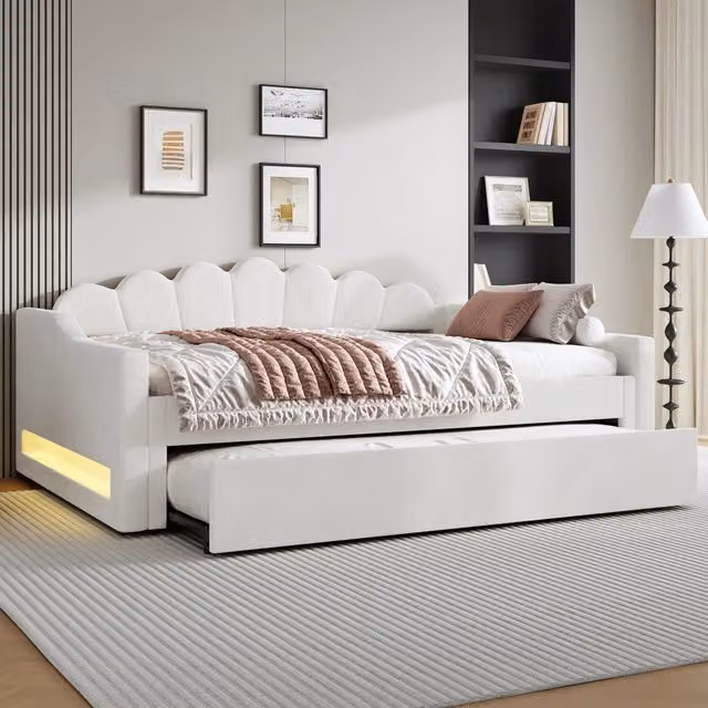 Letto da giorno imbottito 140 x 200 cm con striscia LED e letto estraibile - Beige