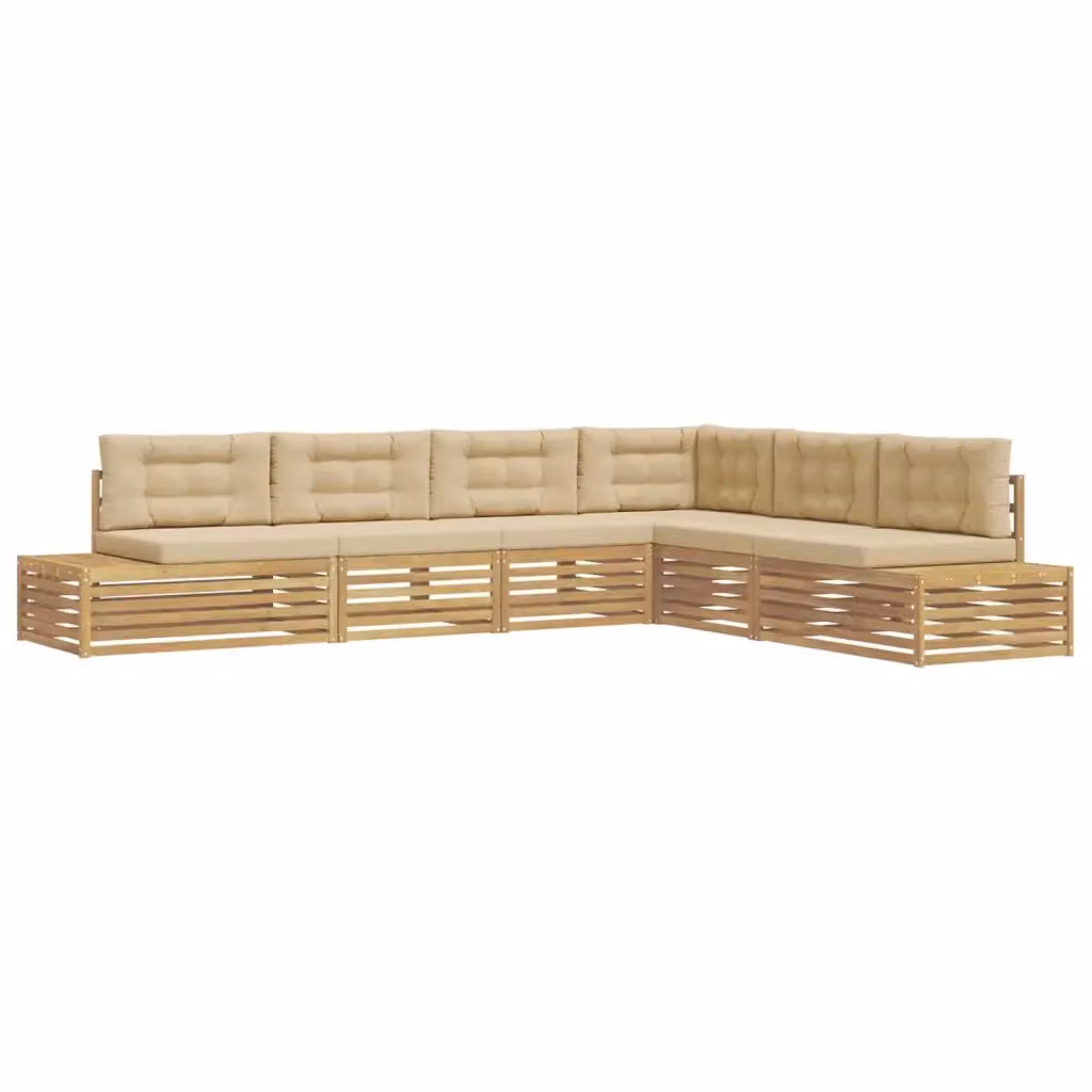 Set di divani da esterno a L vidaXL in legno di acacia con cuscini beige e bianco – 2