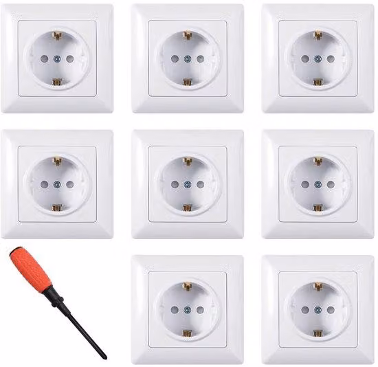 Set di 8 prese Schuko da incasso | Prese a muro con protezione per bambini e maggiore sicurezza al tatto, 1 vano, bianco, 82 mm, per soggiorno, cucina e ufficio