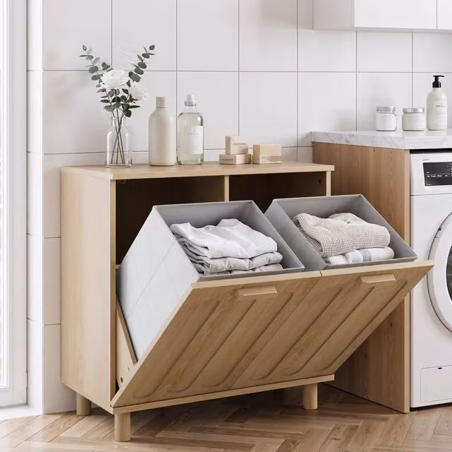 Mobile portabiancheria a ribalta con 2 cesti estraibili 66x35x67 cm in MDF rovere