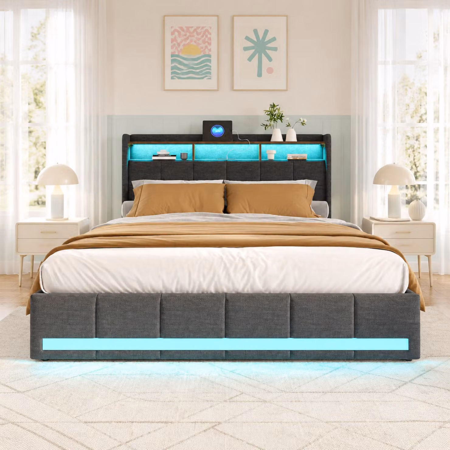 Letto imbottito INONEFT, 160x200 cm, tessuto in lino, colore grigio. Letto matrimoniale con 4 cassetti e illuminazione LED. Testiera con spazio contenitivo e porta USB Type-C. Letto funzionale per ragazzi, completo di rete