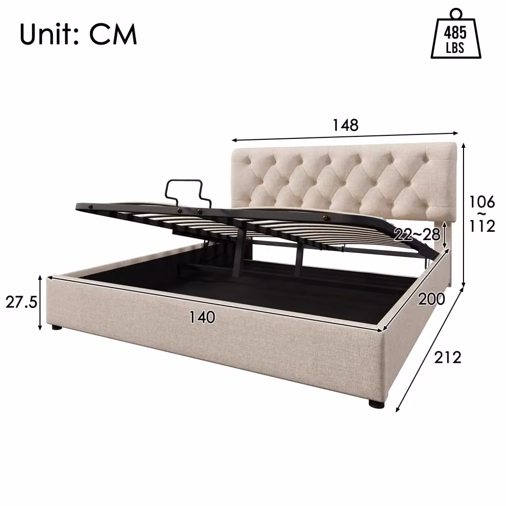 Letto imbottito moderno CIPACHO in lino beige con contenitore contenitore a sollevamento L/P/H: 140 x 200 x 112 cm – 2