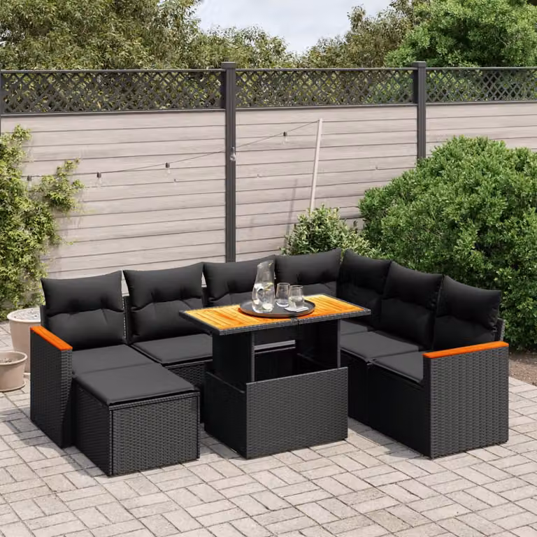 vidaXL Set Divani da Giardino a Forma di U in Polyrattan Nero con 8 Cuscini e Tavolino da Esterno