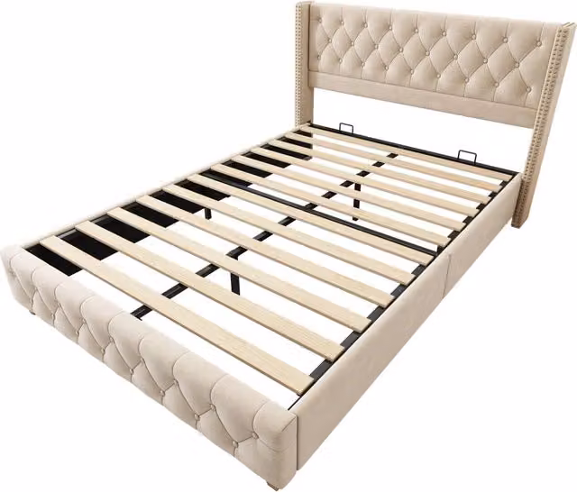 Letto imbottito 160x200 cm con rete a doghe, testiera capitonnè, gambe in legno, velluto beige chiaro