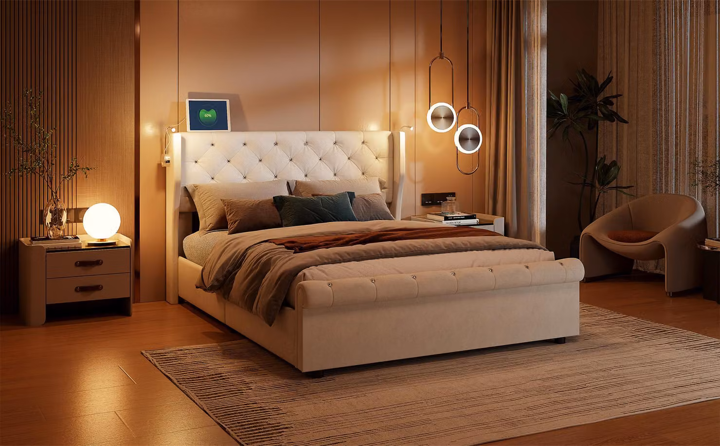 Letto matrimoniale a pressione ProximaX 140×190 cm con rivestimento in velluto - letto imbottito con illuminazione della testata e contenitore per camere da letto, beige