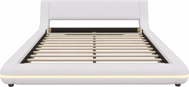 Letto a pavimento 140x200 cm in PU bianco con illuminazione LED ambiente