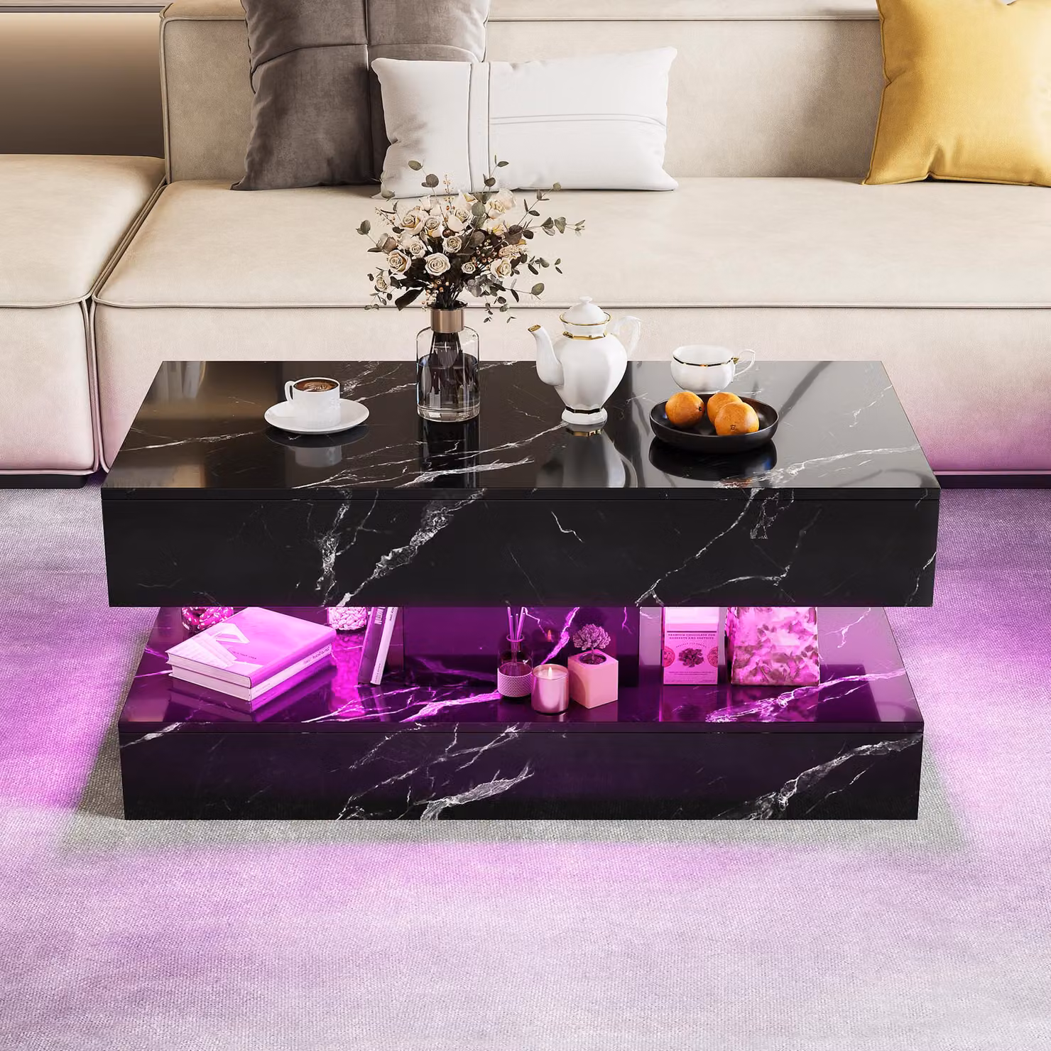 Tavolino UnboxG, dimensioni 100x50 cm, nero con effetto marmo, dotato di luci LED RGB, 2 cassetti, un vano aperto e una superficie lucida