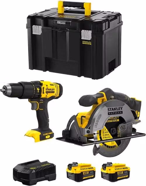 Kit Stanley FatMax SVK211 Giallo con Avvitatore SFMCD711, Seghetto SFMCS500, 2 Batterie da 4,0 Ah, Caricabatteria e Bauletto TSTAK VI