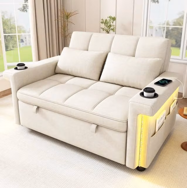 Divano letto 2 posti beige in ciniglia, schienale regolabile con LED