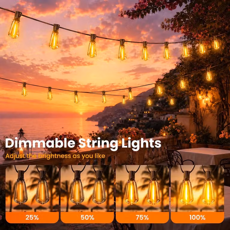 Catena luminosa a LED solare - Lampadine ST38 - 12 metri - 30 lampadine LED - Telecomando - Dimmerabile - Timer - Adatta per giardino e terrazza