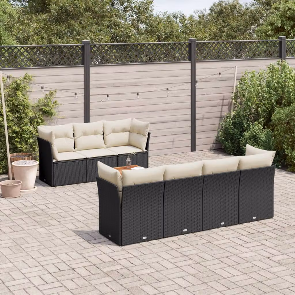 Set di divani da giardino vidaXL a forma di L in polyrattan nero con cuscini e tavolino da caffè per esterno – 1