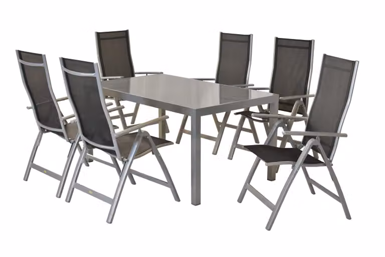 Set di mobili da giardino Merxx Carrara 7 pezzi, 6 poltrone pieghevoli nere, 1 tavolo 150 x 90 cm - alluminio/tessuto