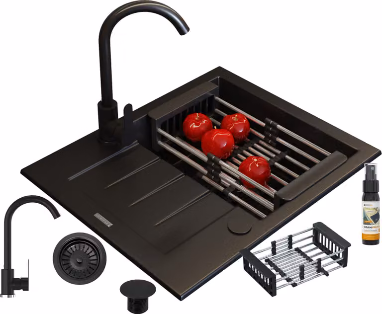 Granitan - Lavello in granito - Lavello da cucina - 57x46 cm - Nero - con rubinetteria PRESTIGE e scolapiatti - MILANO