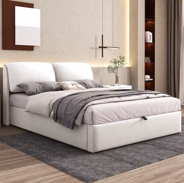 Letto matrimoniale 140x200 cm beige in velluto, testiera regolabile e 3 cassetti