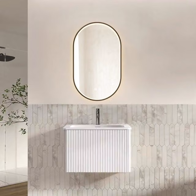 Set mobile bagno sospeso con lavabo integrato e specchio LED antiappannamento a parete per bagno bianco 50 × 80 cm