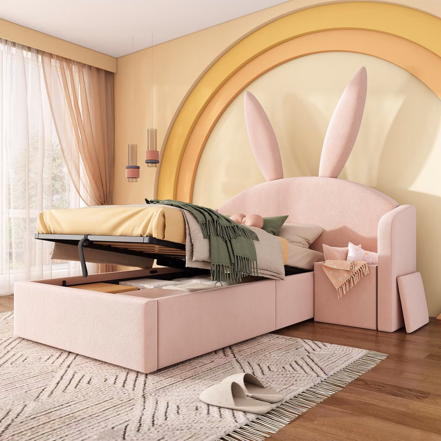 Letto imbottito Merax 90x200 cm con testiera a orecchie di coniglio, lettino per bambini con contenitore idraulico e comodino, letto in velluto per ragazzi con rete a doghe, rosa