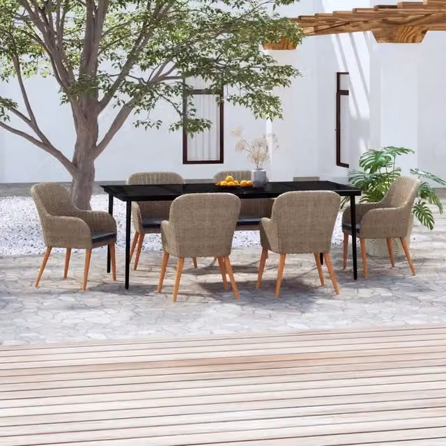 Set da pranzo da giardino vidaXL in rattan e legno di acacia con piano in vetro, 7 pezzi, marrone – 1