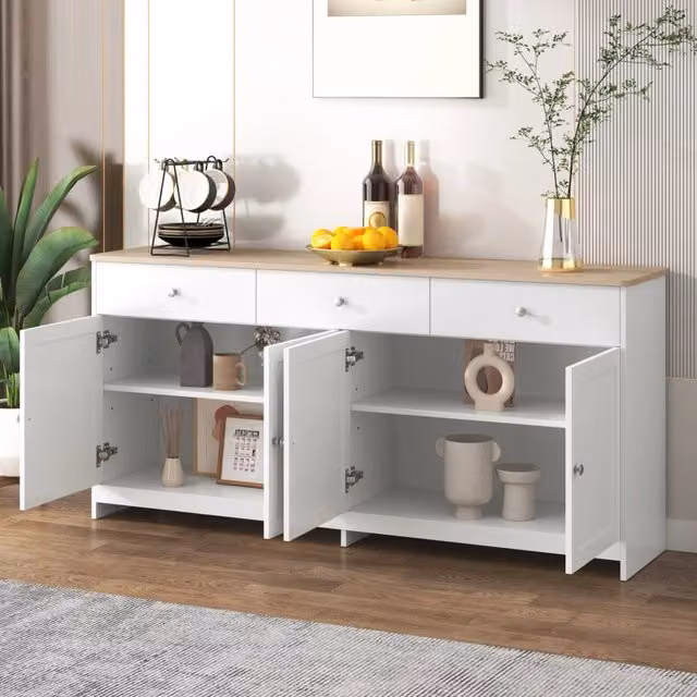Credenza con quattro ante e tre cassetti ripiani regolabili in MDF bianco e finitura legno 160 × 37 × 75 cm