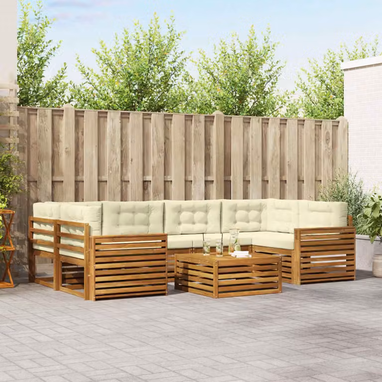 Set di divani da esterno moderno vidaXL in legno di acacia, 7 pezzi, colori beige, bianco e marrone