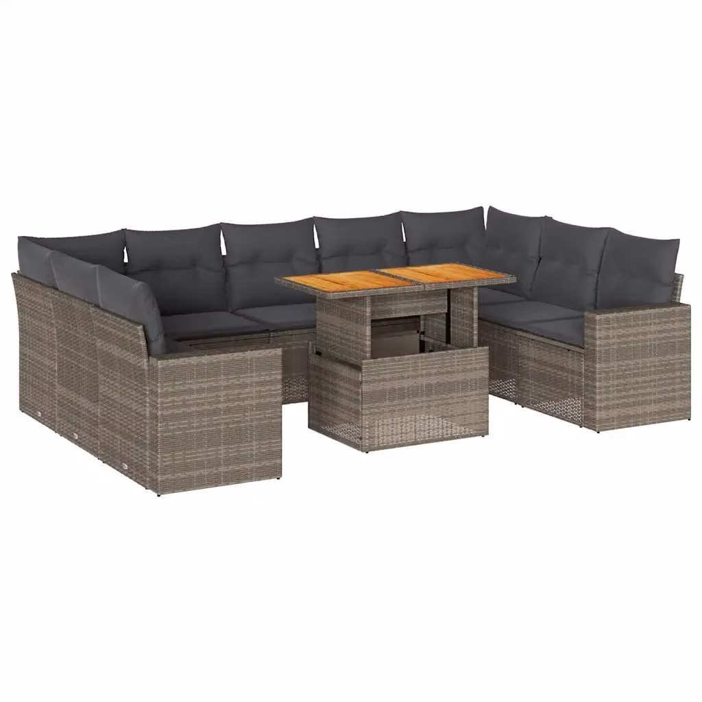 Set Divano da Giardino 10 Pezzi vidaXL in Polyrattan Grigio con Cuscini e Legno di Acacia Oliato – 2