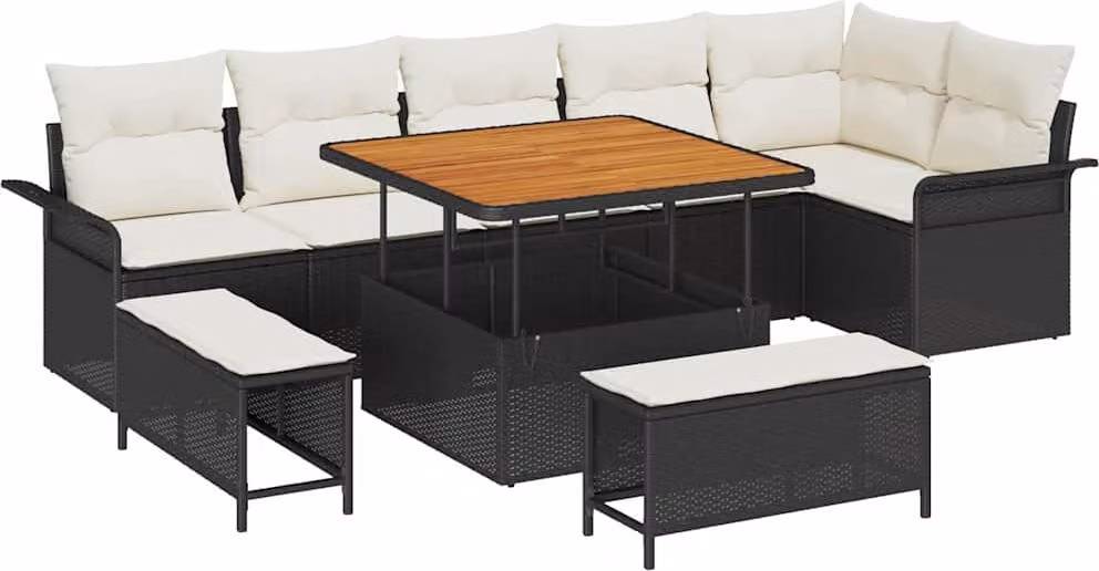 Set Divano da Giardino con cuscino 9 pcs Nero polyrattan