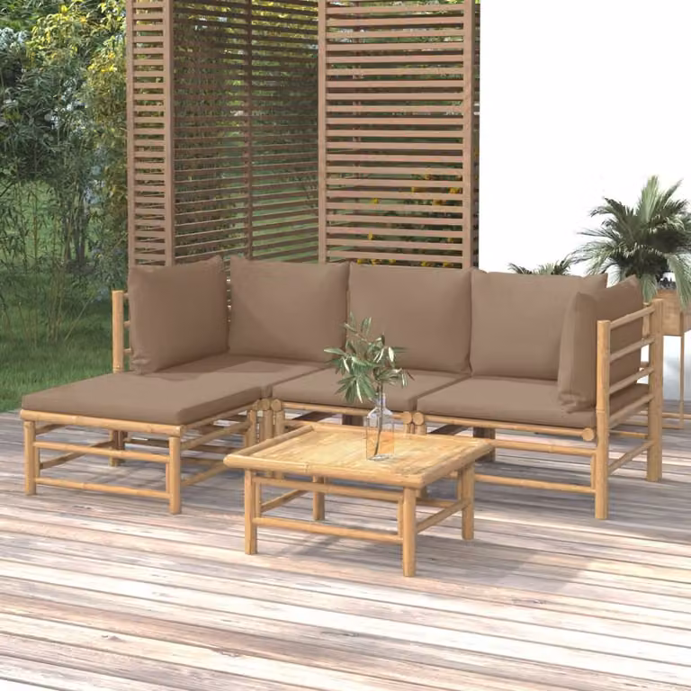 Set Salotto da Giardino vidaXL 5 Pezzi in Bambù con Cuscini Beige e Marrone